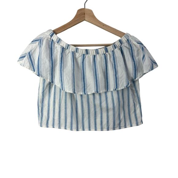 Topshop Blue White Stripe Ruffle Flounce Off Shoulder Crop Top 0 XS - Picture 1 of 8